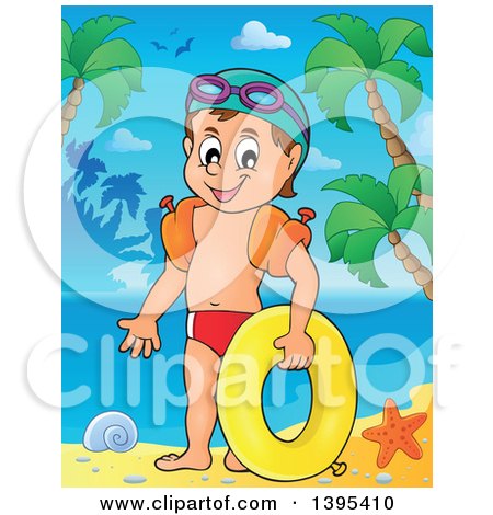 Clipart of a Cartoon Happy Caucasian Boy Holding an Inner Tube and Wearing Arm Floaties on a Tropical Beach - Royalty Free Vector Illustration by visekart