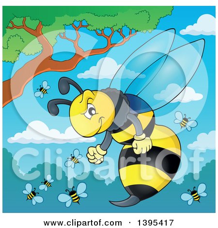 Clipart of a Tough Wasp and Group Against a Tree, Shrubs and Sky - Royalty Free Vector Illustration by visekart