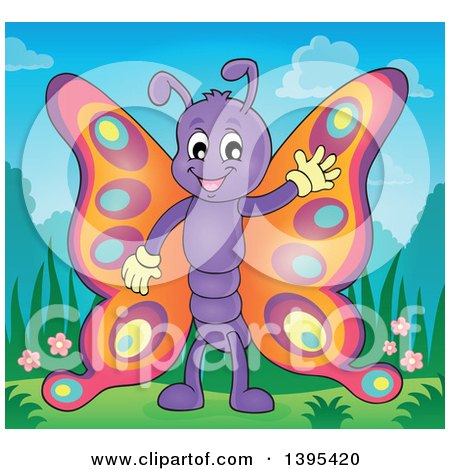 Clipart of a Happy Butterfly Waving and Standing on Grass - Royalty Free Vector Illustration by visekart