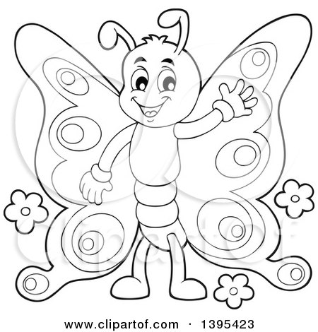 Clipart of a Black and White Lineart Happy Butterfly Waving - Royalty Free Vector Illustration by visekart
