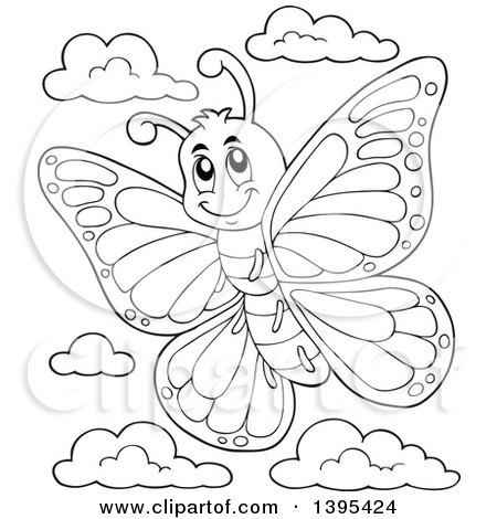 Clipart of a Black and White Lineart Happy Butterfly and Clouds - Royalty Free Vector Illustration by visekart