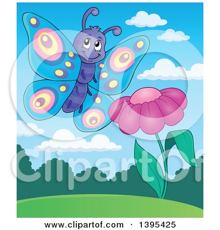 Clipart of a Happy Butterfly by a Purple Flower - Royalty Free Vector Illustration by visekart