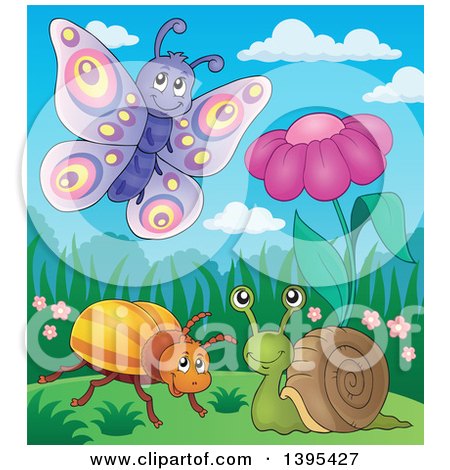 Clipart of a Butterfly, Snail and Beetle by a Spring Flower - Royalty Free Vector Illustration by visekart