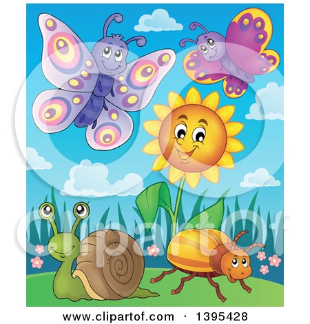 Clipart of Butterflies, a Snail and Beetle by a Spring Sunflower - Royalty Free Vector Illustration by visekart