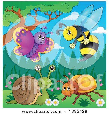 Clipart of a Cartoon Butterfly, Wasp, Snail and Beetle in the Spring - Royalty Free Vector Illustration by visekart