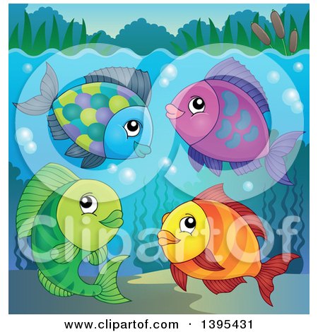 Clipart of a Group of Freshwater Fish Underwater - Royalty Free Vector Illustration by visekart