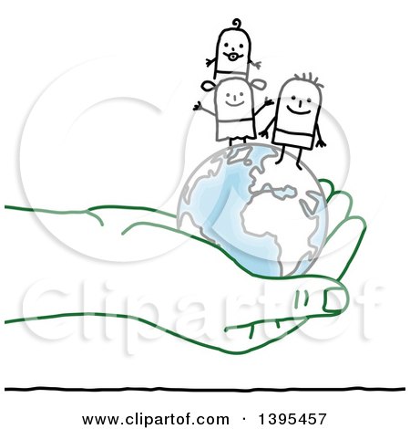 Clipart of a Sketched Stick Man and Family and Globe in a Green Hand - Royalty Free Vector Illustration by NL shop