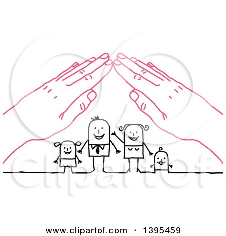 Clipart of a Sketched Stick Business Man and Family Under a Roof of Pink Hands - Royalty Free Vector Illustration by NL shop