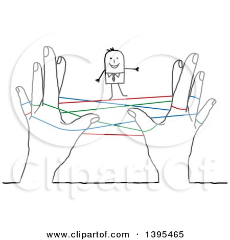 Clipart of a Sketched Stick Business Man Standing on Networking Strings Connected Between Hands - Royalty Free Vector Illustration by NL shop