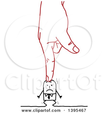 Clipart of a Sketched Red Hand Pushing a Stick Business Man down into the Ground - Royalty Free Vector Illustration by NL shop