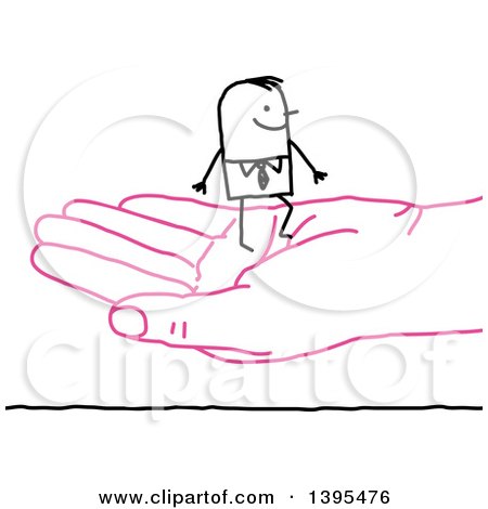 Clipart of a Sketched Stick Business Man on a Pink Hand - Royalty Free Vector Illustration by NL shop