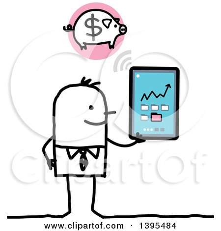 Clipart of a Sketched Stick Man Online Banking with a Tablet Computer - Royalty Free Vector Illustration by NL shop