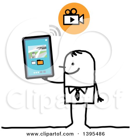 Clipart of a Sketched Stick Man Watching Videos with a Tablet Computer - Royalty Free Vector Illustration by NL shop