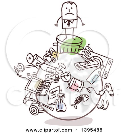 Clipart of a Sketched Stick Business Man on a Trashed Earth - Royalty Free Vector Illustration by NL shop