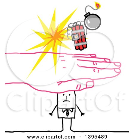 Clipart of a Sketched Pink Hand Protecting a Stick Business Man from a Bomb - Royalty Free Vector Illustration by NL shop