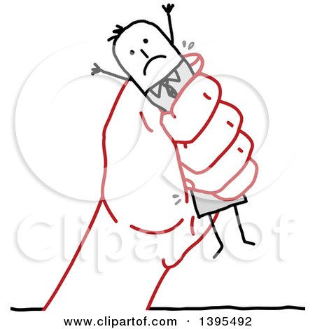 Clipart of a Sketched Red Hand Squeezing a Stick Business Man - Royalty Free Vector Illustration by NL shop