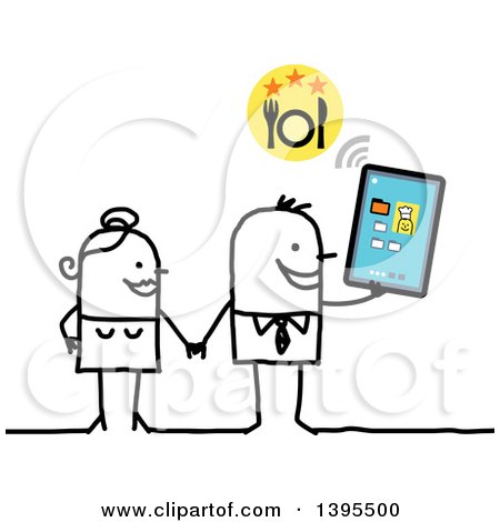 Clipart of a Sketched Stick Man and Woman Holding Hands, Looking for a Place to Eat at on a Tablet Computer - Royalty Free Vector Illustration by NL shop