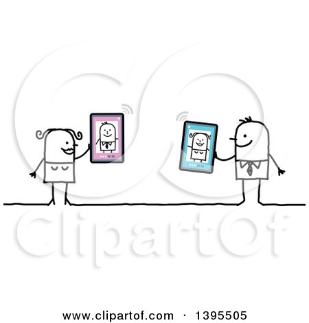 Clipart of a Sketched Stick Couple Online Dating with Tablet Computers - Royalty Free Vector Illustration by NL shop