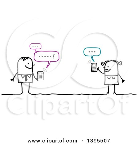 Clipart of a Sketched Stick Couple Texting on a Tablet Computer or Smart Phone - Royalty Free Vector Illustration by NL shop