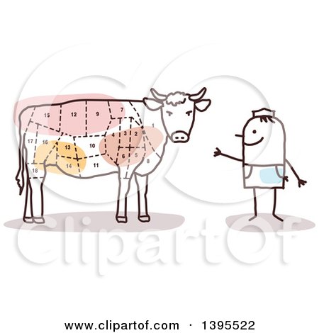 Clipart of a Sketched Stick Man Butcher Presenting a Cow with Cuts - Royalty Free Vector Illustration by NL shop