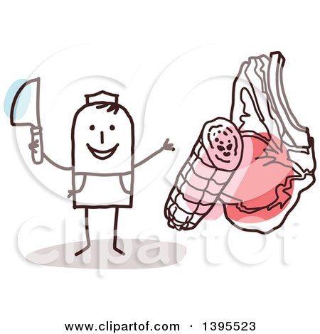 Clipart of a Sketched Stick Man Butcher Holding a Knife by a Ham and Beef - Royalty Free Vector Illustration by NL shop