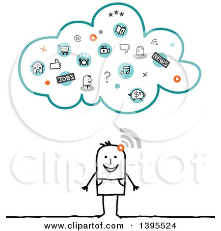 Clipart of a Sketched Stick Man Connected to Apps on the Cloud - Royalty Free Vector Illustration by NL shop