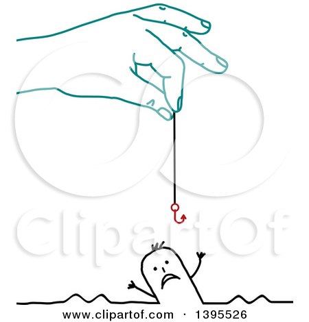Clipart of a Sketched Blue Hand Holding a Hook over a Drowning Stick Man - Royalty Free Vector Illustration by NL shop