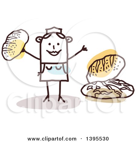 Clipart of a Sketched Stick Woman Baker Making and Selling Bread - Royalty Free Vector Illustration by NL shop