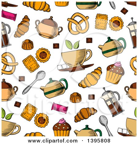 Clipart of a Seamless Background Pattern of Tea and Snacks - Royalty Free Vector Illustration by Vector Tradition SM