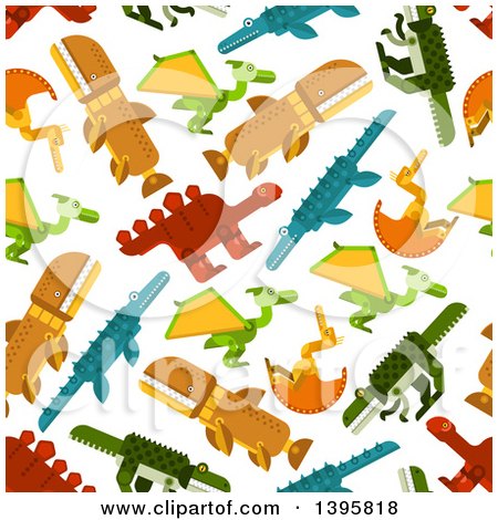 Clipart of a Seamless Background Pattern of Flat Design Dinosaurs - Royalty Free Vector Illustration by Vector Tradition SM