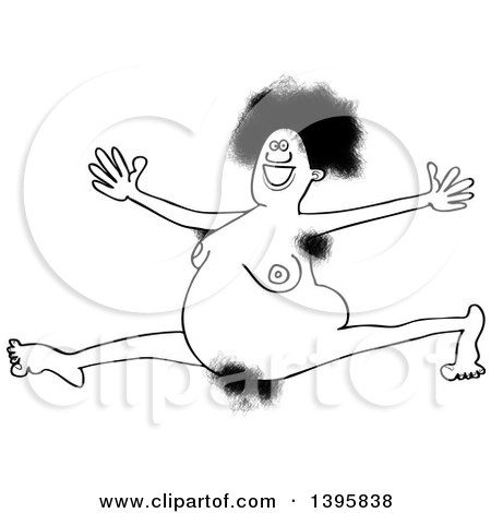 Clipart of a Black and White Nude African Woman Leaping - Royalty Free Vector Illustration by djart