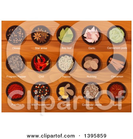 Clipart of Bowls of Culinary Spices, with Text, on Wood - Royalty Free Vector Illustration by Vector Tradition SM