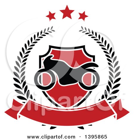 Clipart of a Silhouetted Motorcycle over a Red Shield and Blank Banner Within a Wreath Under Stars - Royalty Free Vector Illustration by Vector Tradition SM