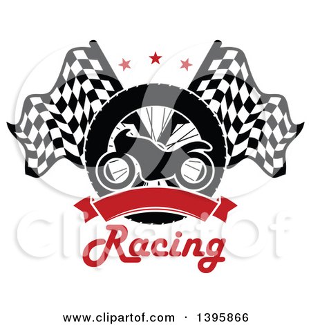 Clipart of a Silhouetted Motorcycle Tire, Red Blank Banner, Text, and Crossed Racing Flags with Stars - Royalty Free Vector Illustration by Vector Tradition SM