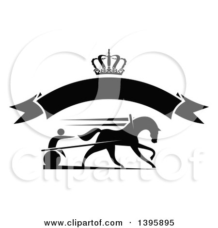 Clipart of a Black Silhouetted Jockey and Horse Harness Racing Under a Crown and Blank Banner - Royalty Free Vector Illustration by Vector Tradition SM