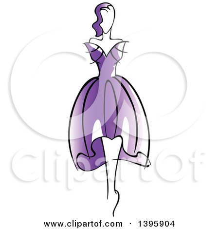 Clipart of a Sketched Faceless Woman Modeling a Purple Dress - Royalty Free Vector Illustration by Vector Tradition SM