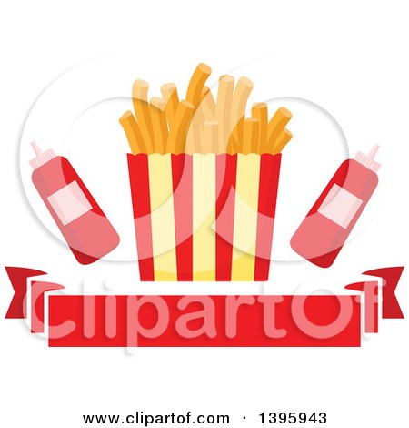 Clipart of a Carton of French Fries with Ketcup over a Banner - Royalty Free Vector Illustration by Vector Tradition SM