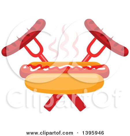 Clipart of a Hot Dog with Crossed Forks and Sausages - Royalty Free Vector Illustration by Vector Tradition SM