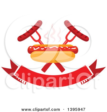 Clipart of a Hot Dog with Crossed Forks and Sausages over a Banner - Royalty Free Vector Illustration by Vector Tradition SM