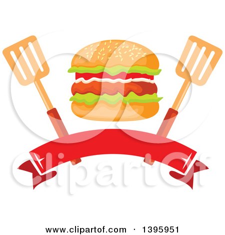 Clipart of a Hamburger with Spatulas over a Blank Banner - Royalty Free Vector Illustration by Vector Tradition SM
