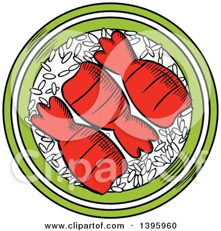 Clipart of a Sketched Japanese Sushi Platter of Shrimp on Rice - Royalty Free Vector Illustration by Vector Tradition SM