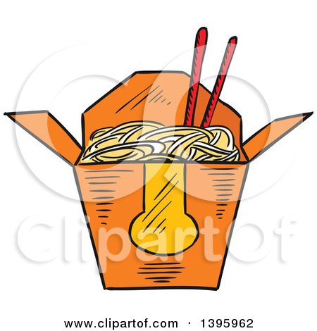 Clipart of a Sketched Chinese Takeout Container of Noodles - Royalty Free Vector Illustration by Vector Tradition SM