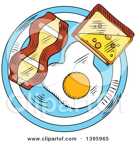Clipart of a Sketched Breakfast Plate with a Freid Egg, Toast and Bacon - Royalty Free Vector Illustration by Vector Tradition SM
