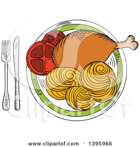Clipart of a Sketched Meal of Chicken and Pasta - Royalty Free Vector Illustration by Vector Tradition SM