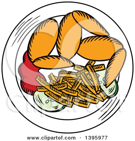 Clipart of a Sketched Plate of Chicken Wings and French Fries - Royalty Free Vector Illustration by Vector Tradition SM