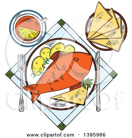 Clipart of a Sketched Baked Fish Meal - Royalty Free Vector Illustration by Vector Tradition SM