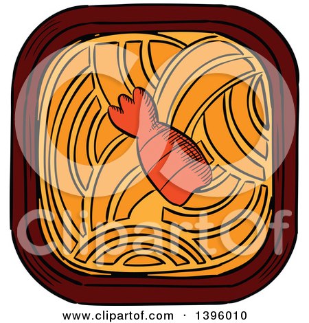 Clipart of Sketched Japanese Cuisine, Noodles Topped with Spicy Prawn - Royalty Free Vector Illustration by Vector Tradition SM