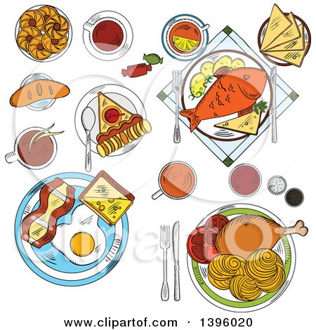 Clipart of Sketched Served Foods - Royalty Free Vector Illustration by Vector Tradition SM