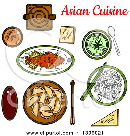 Clipart of a Sketched Meal of Asian Cuisine - Royalty Free Vector Illustration by Vector Tradition SM