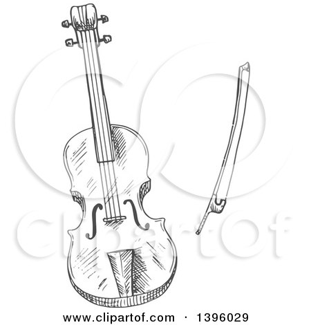 Clipart of a Gray Sketched Violin and Bow - Royalty Free Vector Illustration by Vector Tradition SM